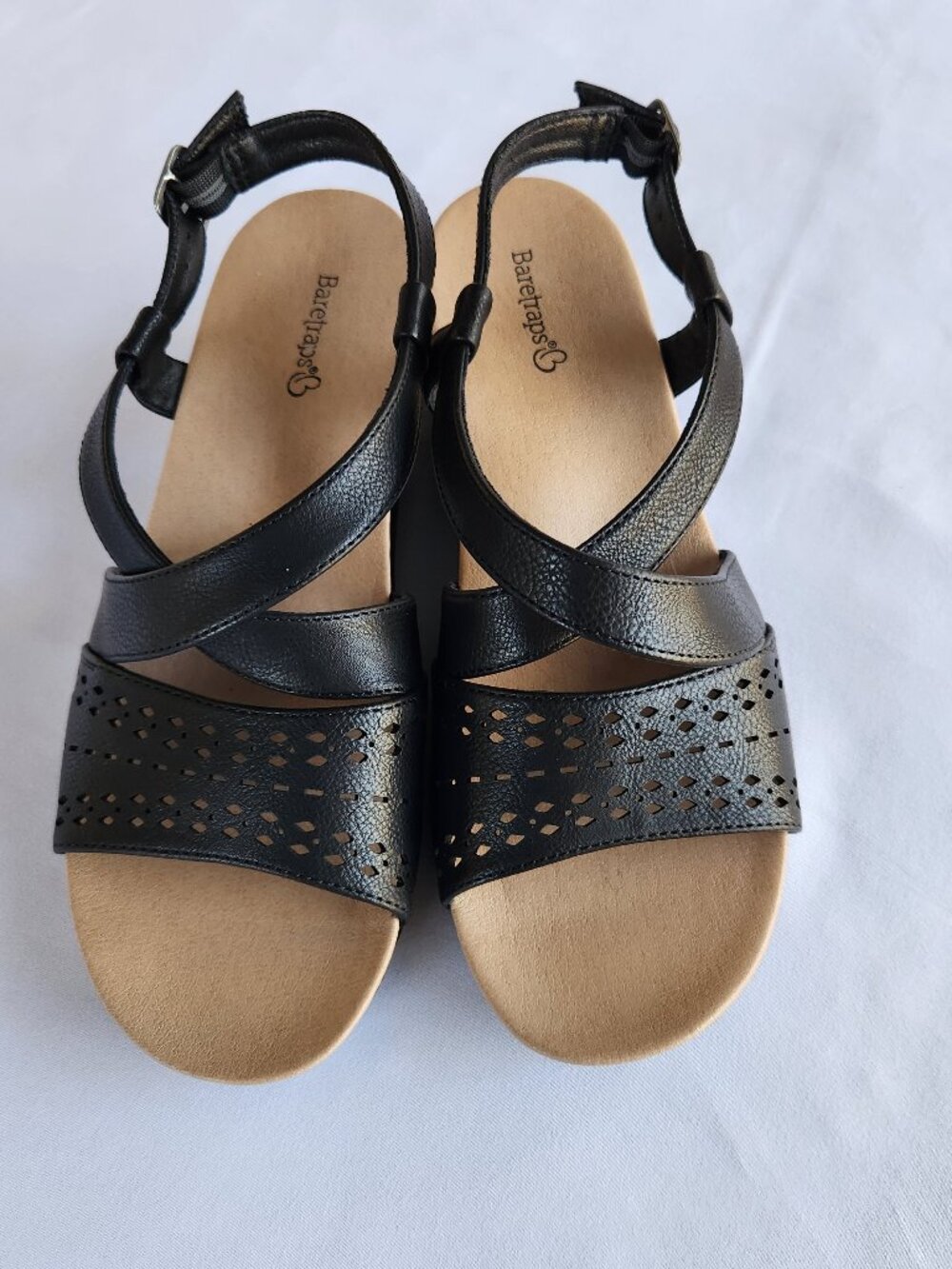 Baretraps Womens Sandals Size 7.5 Black Wedge Laser Cut Out Perforated Slingback